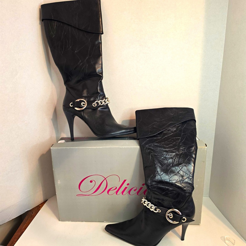 Delicious Women's Size 11 Black Knee High Boots Stiletto Heel Chain Buckle w/Box
